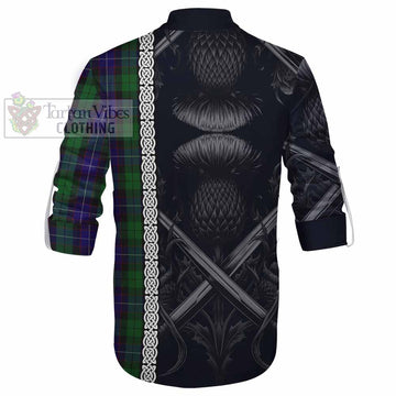 Mitchell Tartan Ghillie Kilt Shirt with Family Crest Cross Sword Thistle Celtic Vibes - Tartan Vibes Clothing