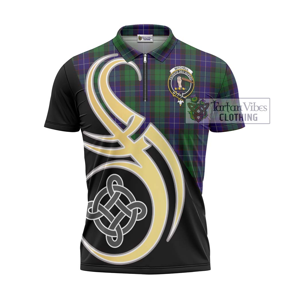 Mitchell Tartan Zipper Polo Shirt with Family Crest and Celtic Symbol Style - Tartan Vibes Clothing