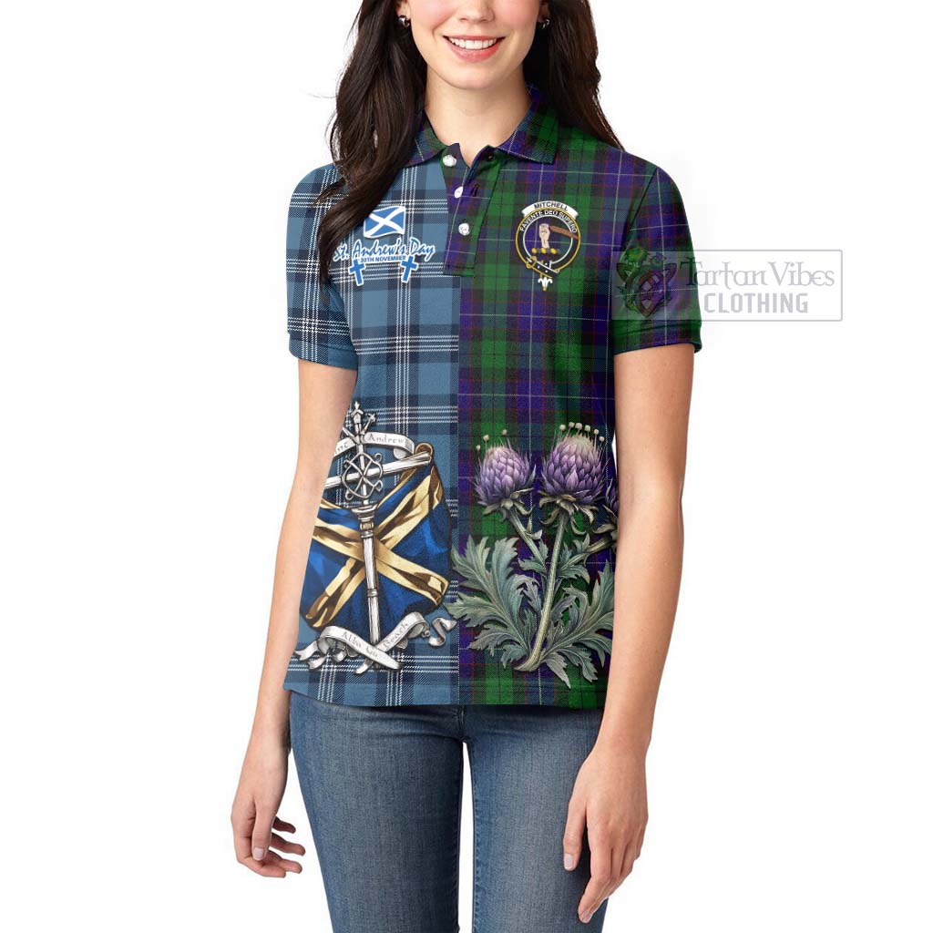 Mitchell Tartan Women's Polo Shirt Happy St. Andrew's Day Half Tartan Style - Tartan Vibes Clothing
