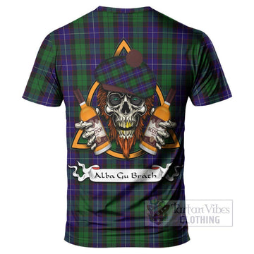 Mitchell Tartan T-Shirt with Family Crest and Bearded Skull Holding Bottles of Whiskey - Tartan Vibes Clothing