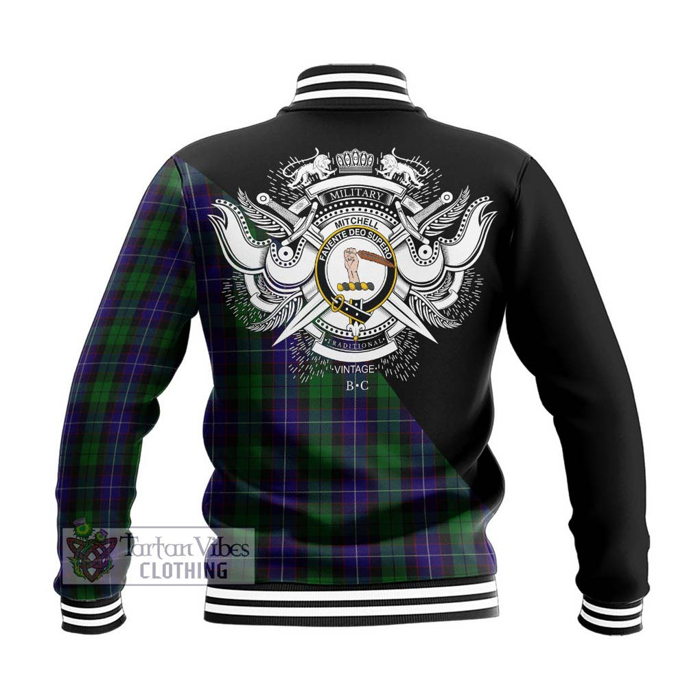 Mitchell Tartan Baseball Jacket with Family Crest and Military Logo Style - Tartanvibesclothing Shop