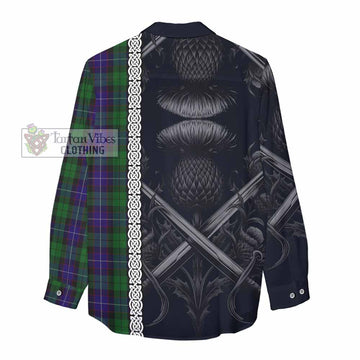 Mitchell Tartan Women's Casual Shirt with Family Crest Cross Sword Thistle Celtic Vibes - Tartan Vibes Clothing