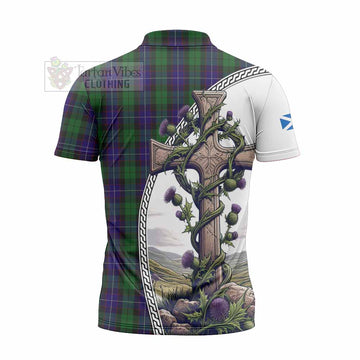 Mitchell Tartan Zipper Polo Shirt with Family Crest and St. Andrew's Cross Accented by Thistle Vines - Tartan Vibes Clothing