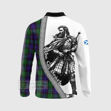 Mitchell Tartan Clan Crest Long Sleeve Polo Shirt with Highlander Warrior Celtic Style - Tartan Vibes Clothing