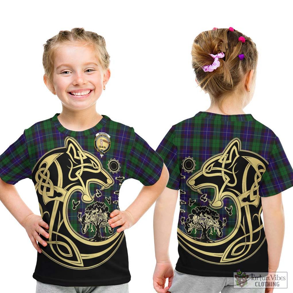 Mitchell Tartan Kid T-Shirt with Family Crest Celtic Wolf Style - Tartan Vibes Clothing