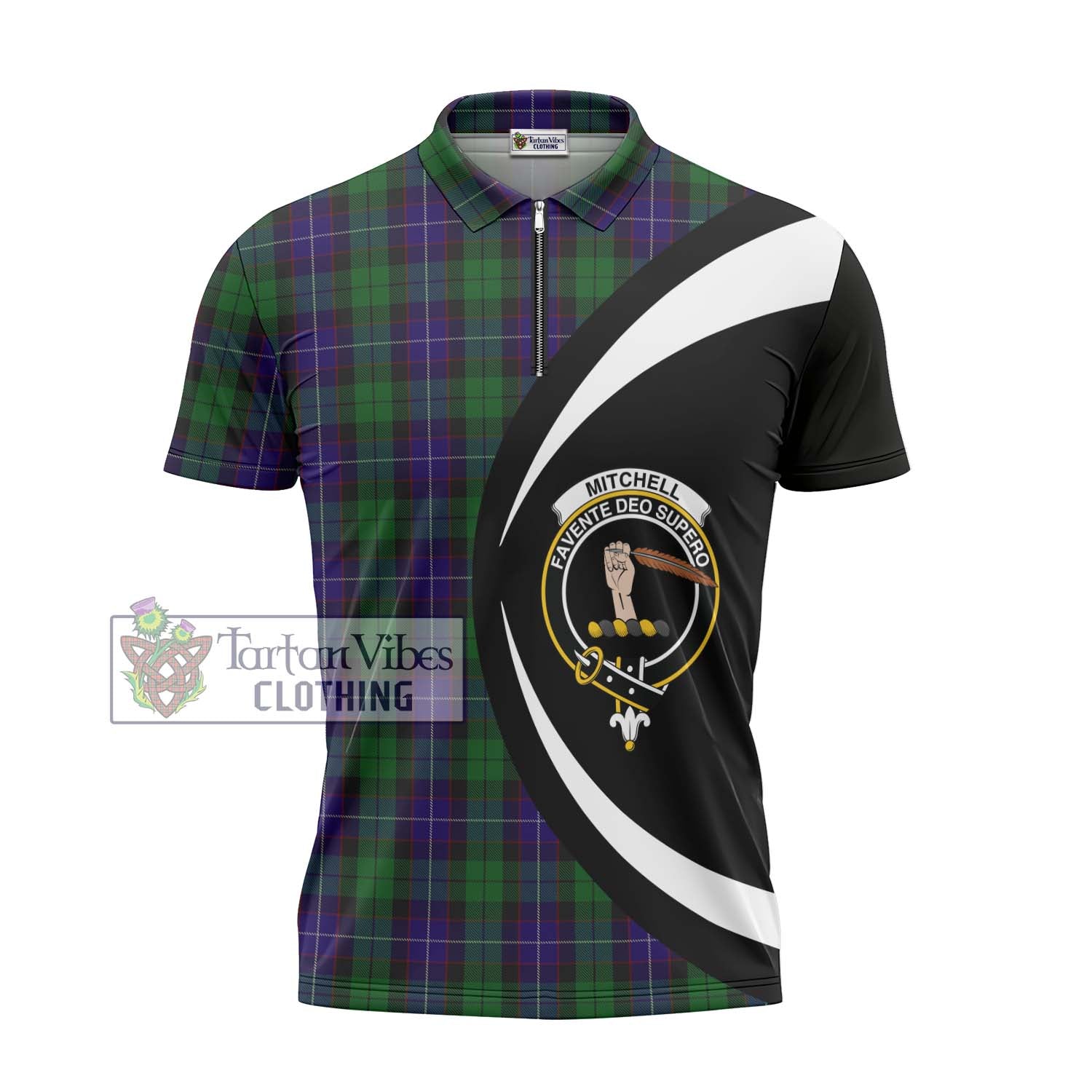 Mitchell Tartan Zipper Polo Shirt with Family Crest Circle Style - Tartan Vibes Clothing