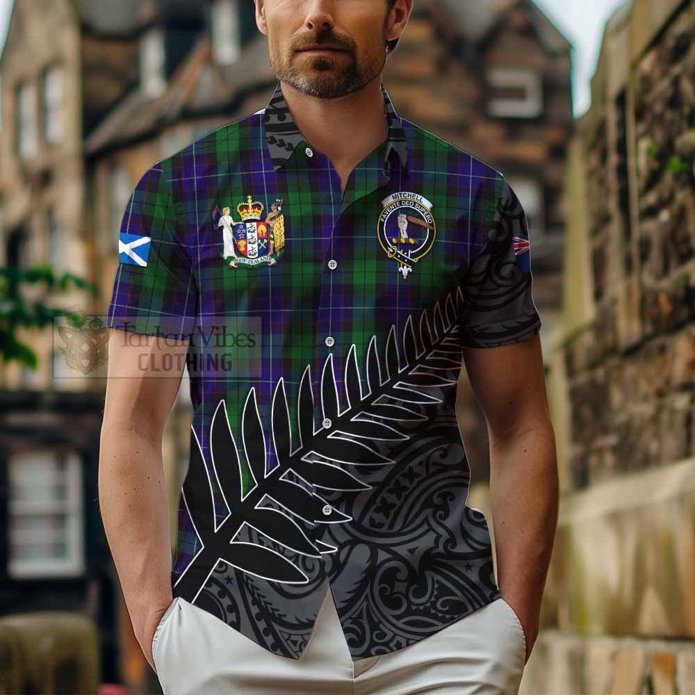 Tartan Vibes Clothing Mitchell Crest Tartan Short Sleeve Button Shirt with New Zealand Silver Fern Half Style