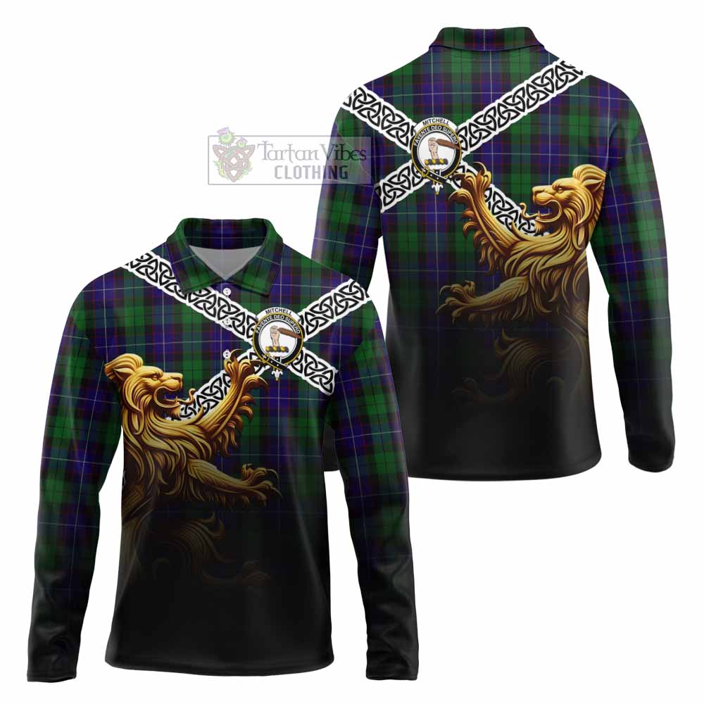 Mitchell Crest Tartan Long Sleeve Polo Shirt with Golden Lion Emblem Celtic Style - Tartan Vibes Clothing