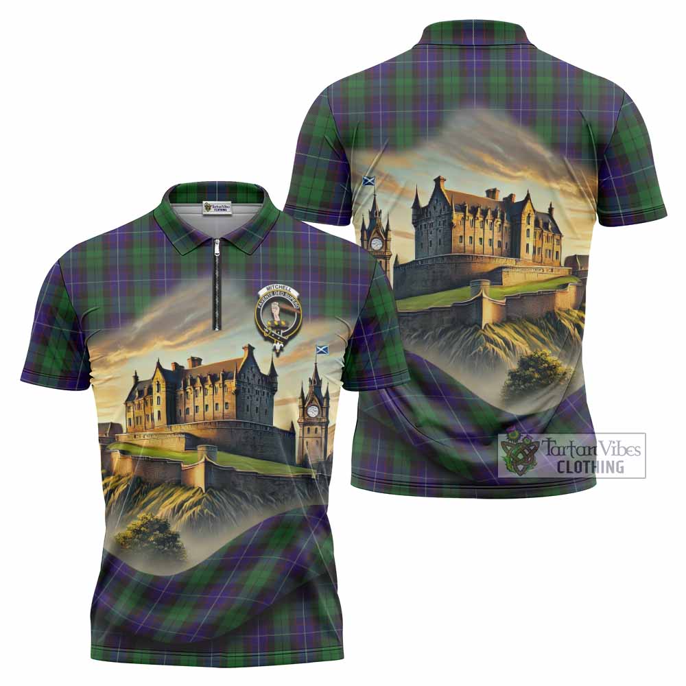 Mitchell Tartan Family Crest Zipper Polo Shirt with Scottish Ancient Castle Style - Tartan Vibes Clothing