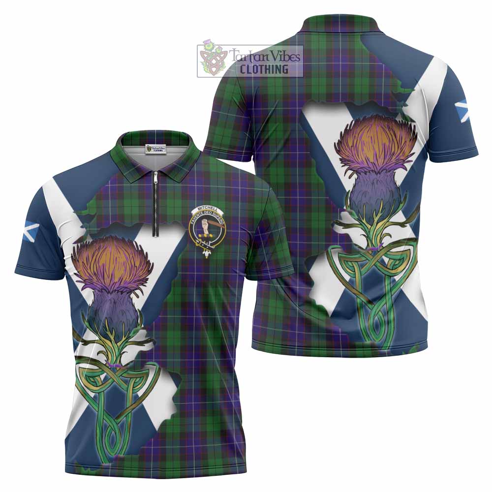 Mitchell Tartan Family Crest Zipper Polo Shirt Scottish Thistle Celtic Inspired - Tartan Vibes Clothing