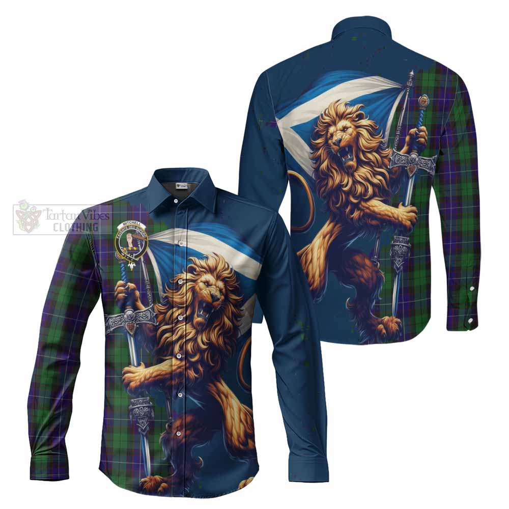 Mitchell Tartan Family Crest Long Sleeve Button Shirt with Scottish Majestic Lion - Tartan Vibes Clothing