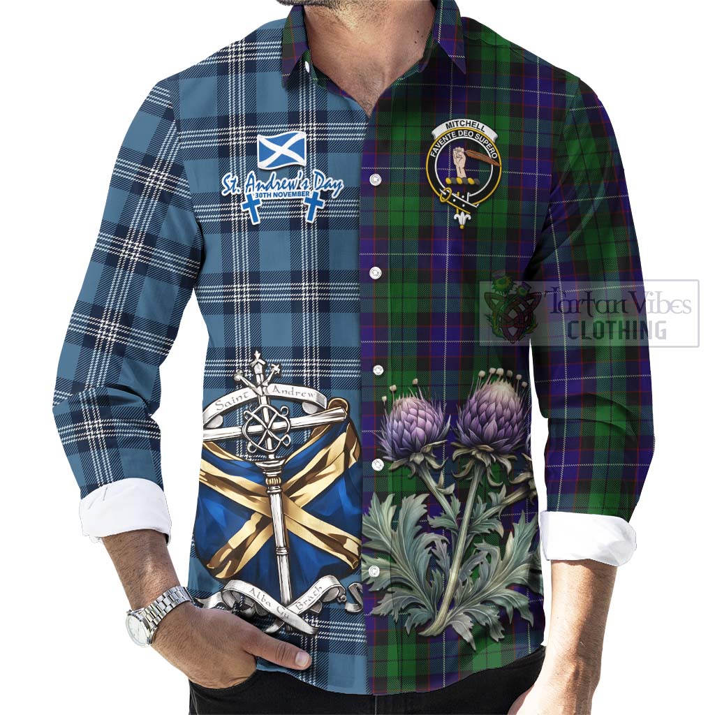 Mitchell Tartan Long Sleeve Button Shirt Happy St. Andrew's Day Half Tartan Style - Tartan Vibes Clothing