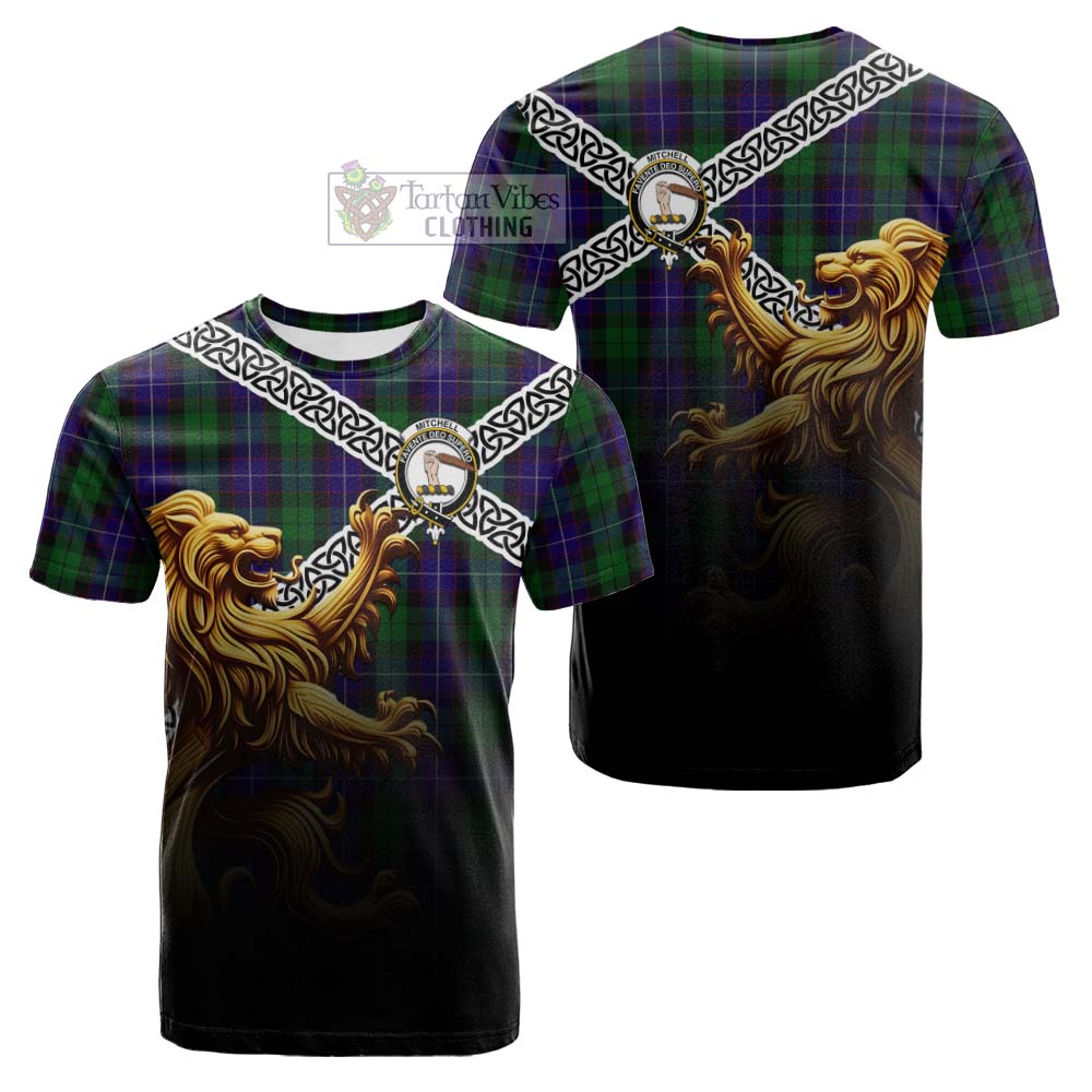 Mitchell Crest Tartan Cotton T-shirt with Golden Lion Emblem Celtic Style - Tartan Vibes Clothing