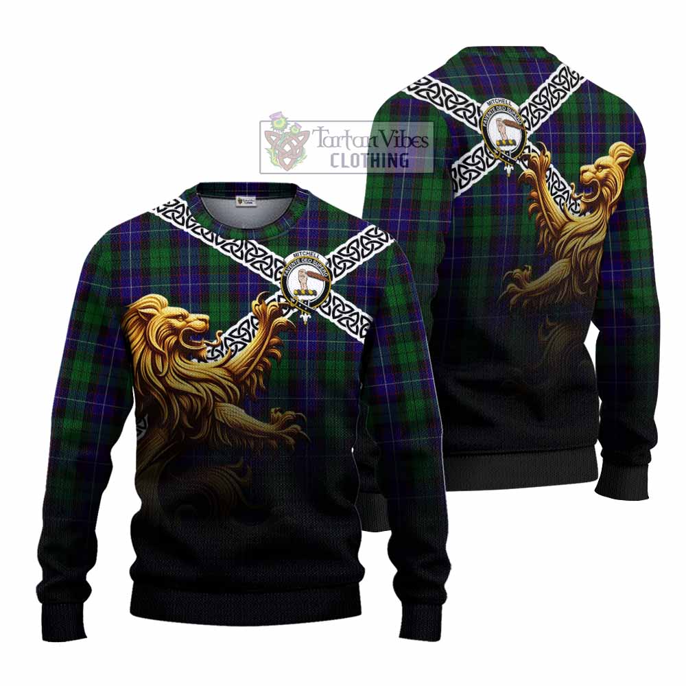 Mitchell Crest Tartan Knitted Sweater with Golden Lion Emblem Celtic Style - Tartan Vibes Clothing