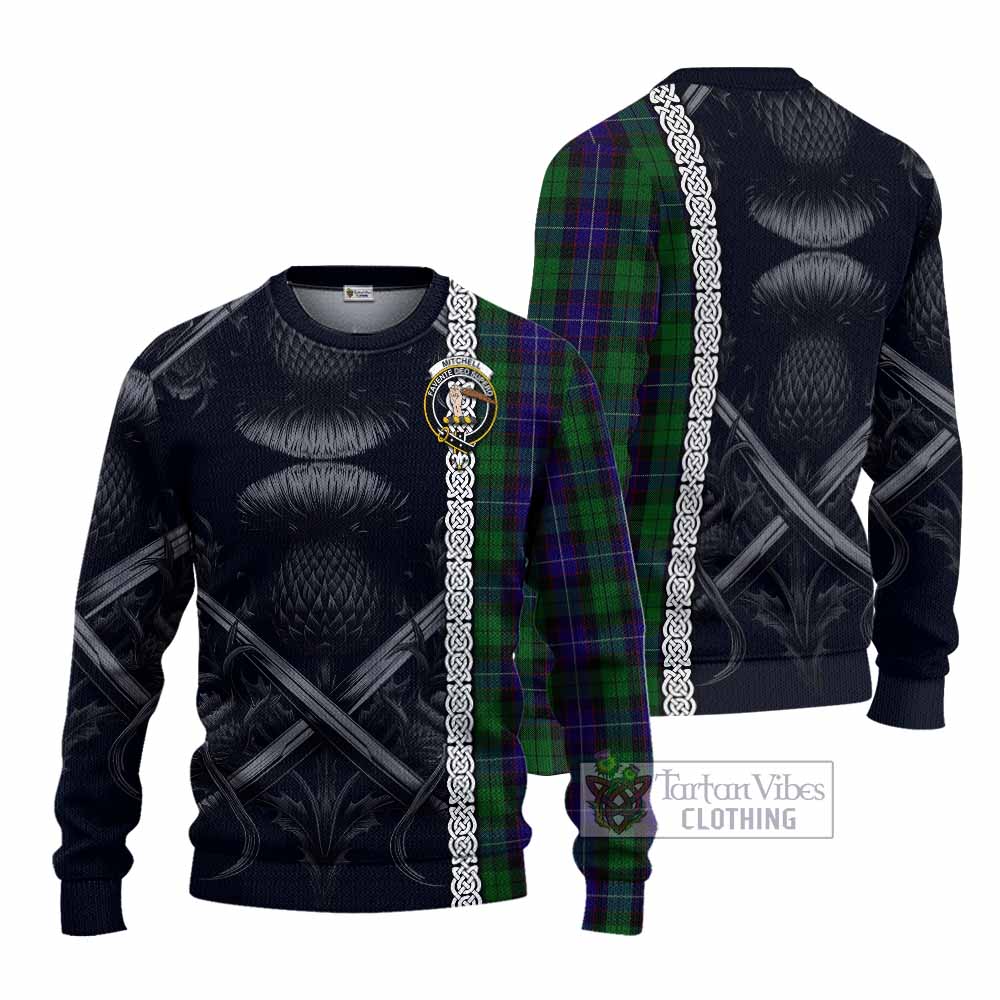 Mitchell Tartan Knitted Sweater with Family Crest Cross Sword Thistle Celtic Vibes - Tartan Vibes Clothing