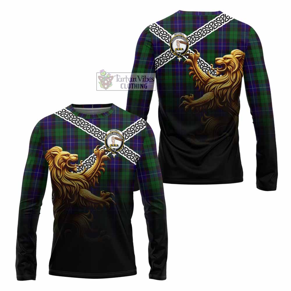 Mitchell Crest Tartan Long Sleeve T-Shirt with Golden Lion Emblem Celtic Style - Tartan Vibes Clothing