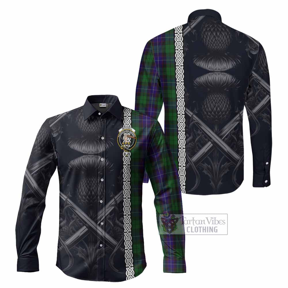 Tartan Vibes Clothing Mitchell Tartan Long Sleeve Button Shirt with Family Crest Cross Sword Thistle Celtic Vibes