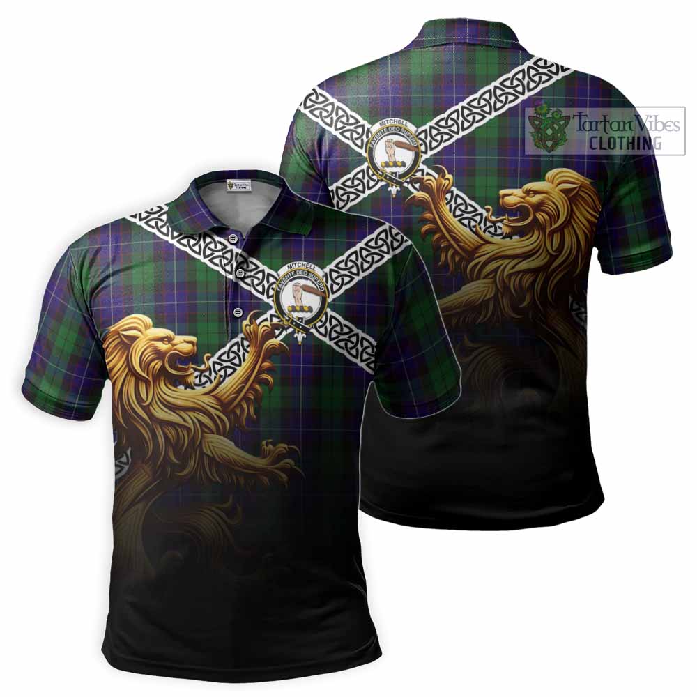 Mitchell Crest Tartan Polo Shirt with Golden Lion Emblem Celtic Style - Tartan Vibes Clothing