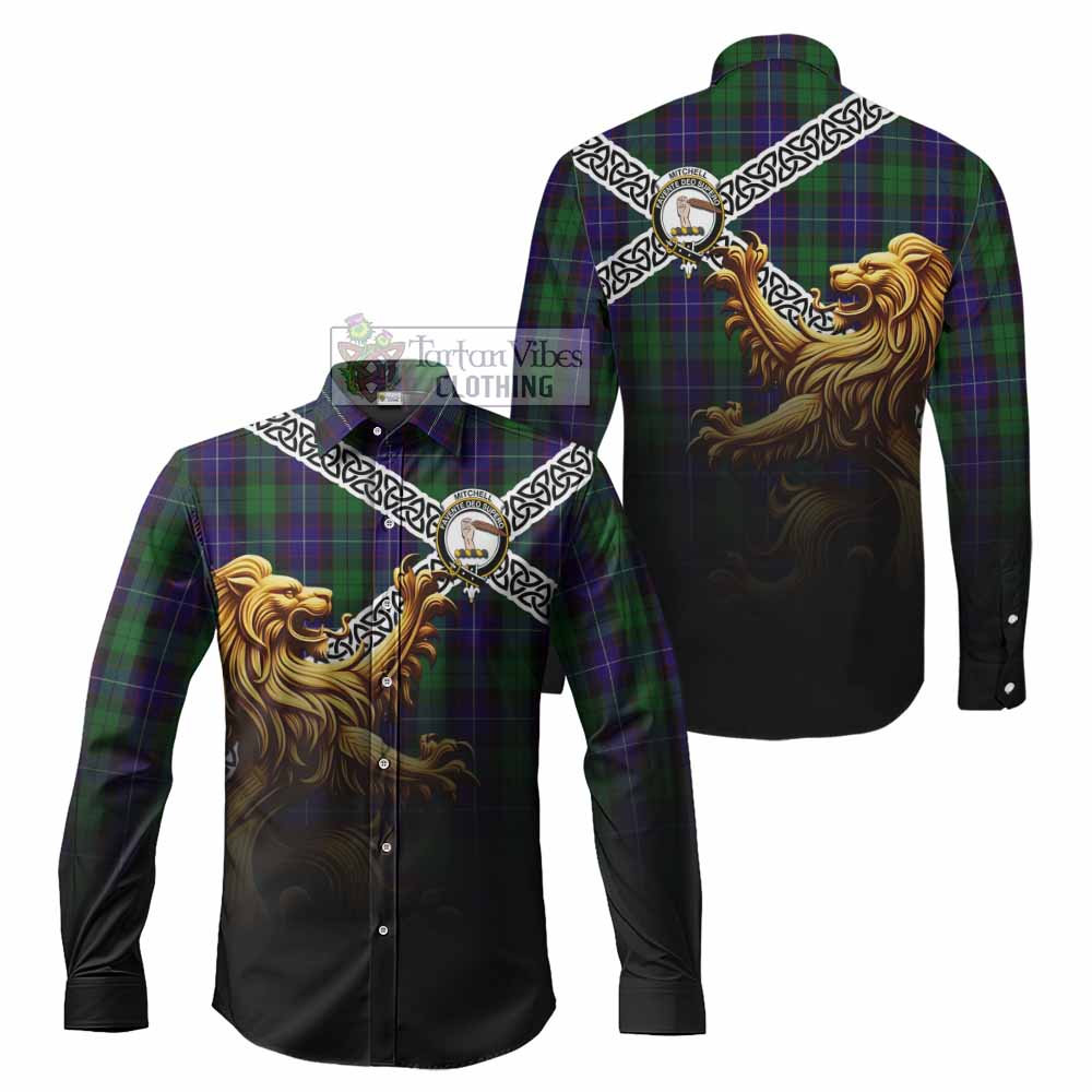 Mitchell Crest Tartan Long Sleeve Button Shirt with Golden Lion Emblem Celtic Style - Tartan Vibes Clothing