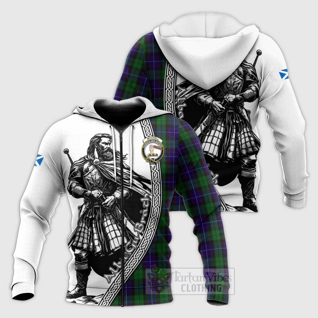 Mitchell Tartan Clan Crest Knitted Hoodie with Highlander Warrior Celtic Style Unisex Knitted Zip Hoodie - Tartan Vibes Clothing