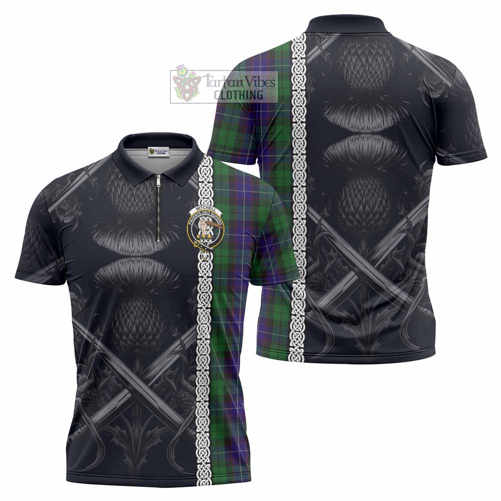 Mitchell Tartan Zipper Polo Shirt with Family Crest Cross Sword Thistle Celtic Vibes - Tartan Vibes Clothing