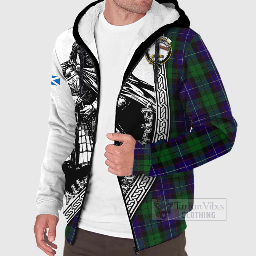 Mitchell Tartan Clan Crest Sherpa Hoodie with Highlander Warrior Celtic Style Unisex - Tartan Vibes Clothing