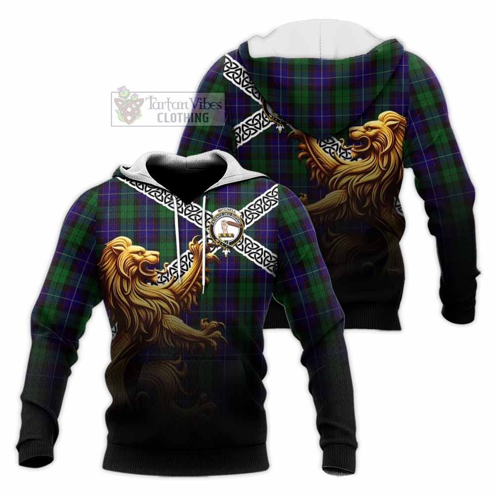 Mitchell Crest Tartan Knitted Hoodie with Golden Lion Emblem Celtic Style - Tartan Vibes Clothing