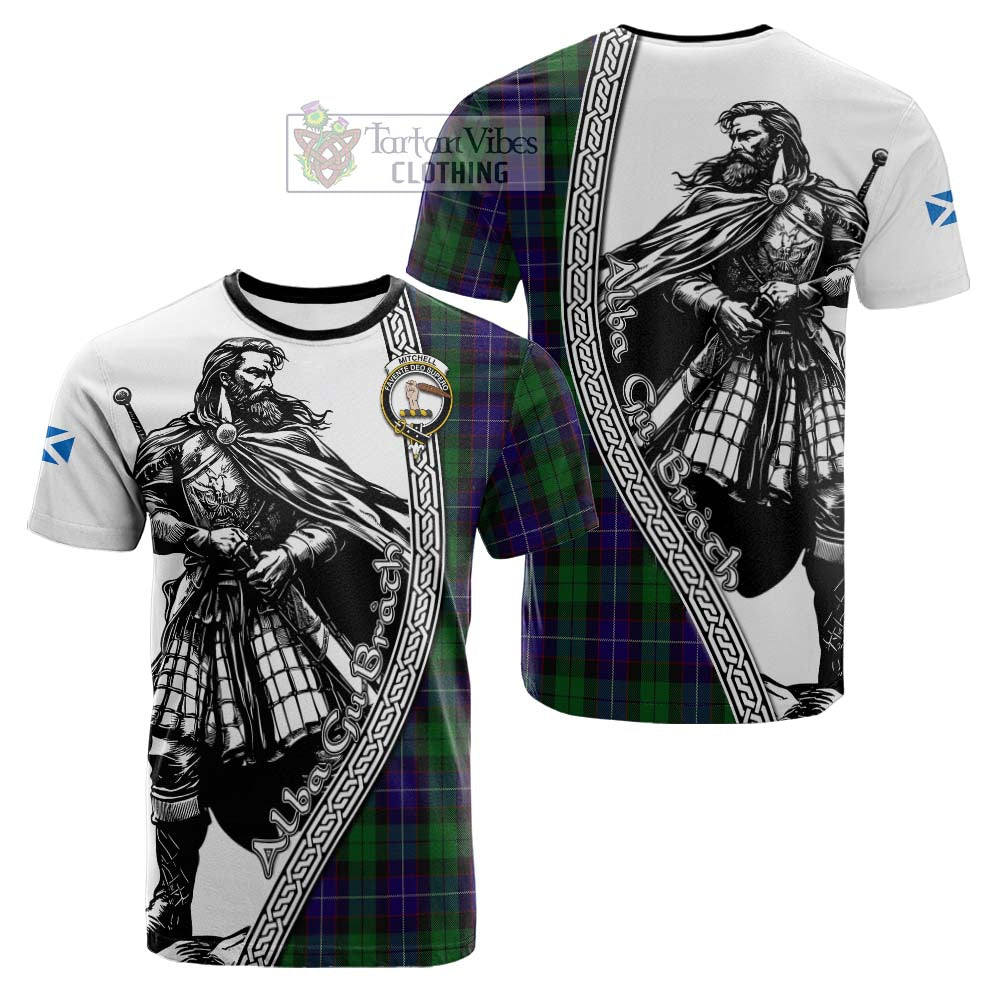 Mitchell Tartan Clan Crest Cotton T-shirt with Highlander Warrior Celtic Style - Tartan Vibes Clothing