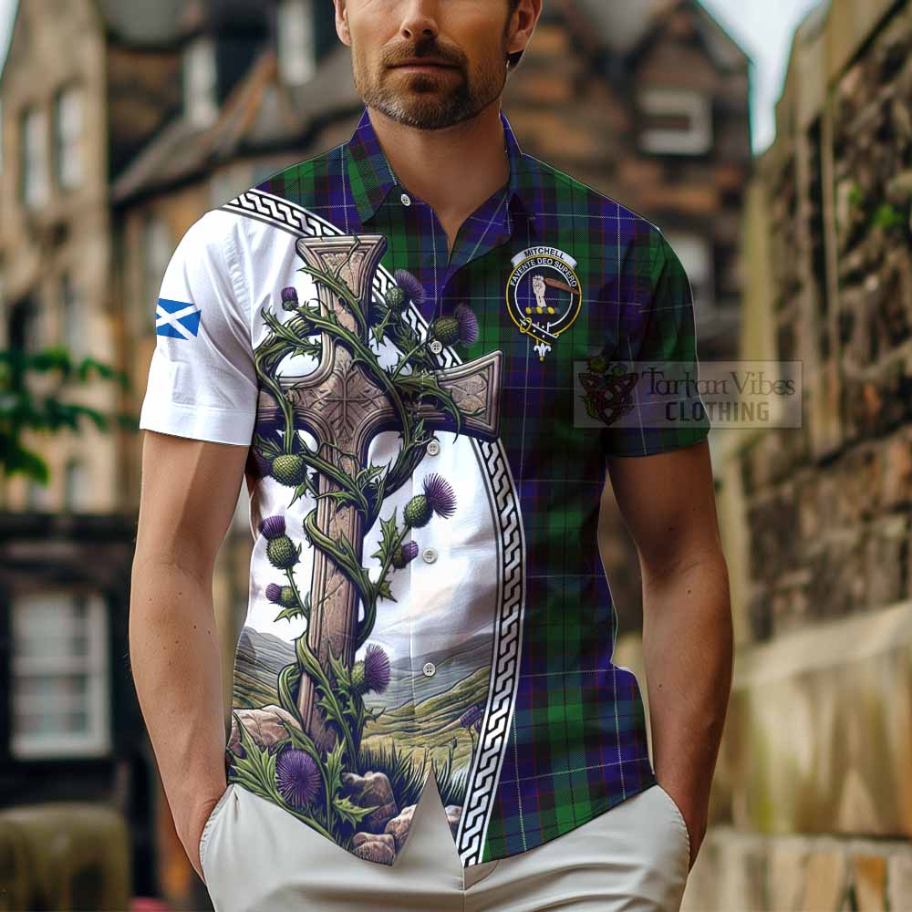 Mitchell Tartan Hawaiian Shirt with Family Crest and St. Andrew's Cross Accented by Thistle Vines - Tartan Vibes Clothing