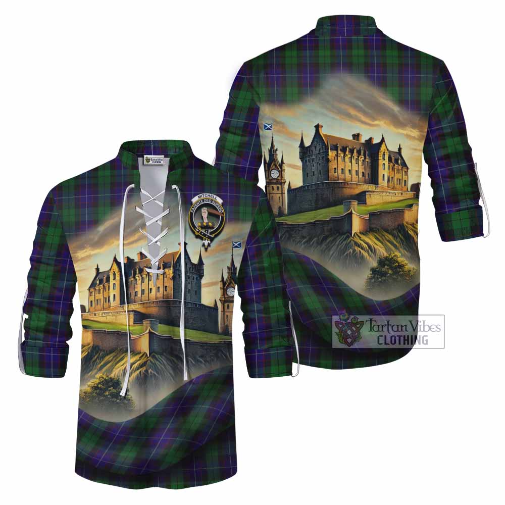 Mitchell Tartan Family Crest Ghillie Kilt Shirt with Scottish Ancient Castle Style - Tartan Vibes Clothing