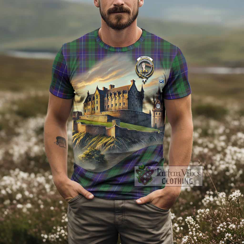 Mitchell Tartan Family Crest T-Shirt with Scottish Ancient Castle Style - Tartan Vibes Clothing