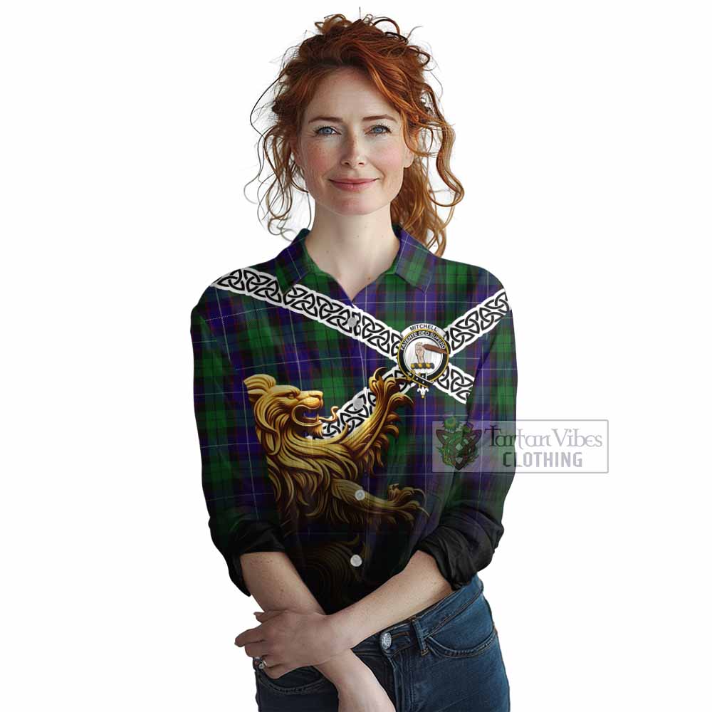 Mitchell Crest Tartan Women's Casual Shirt with Golden Lion Emblem Celtic Style - Tartan Vibes Clothing