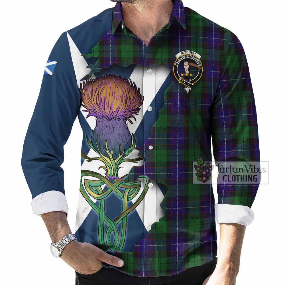 Mitchell Tartan Family Crest Long Sleeve Button Shirt Scottish Thistle Celtic Inspired - Tartan Vibes Clothing