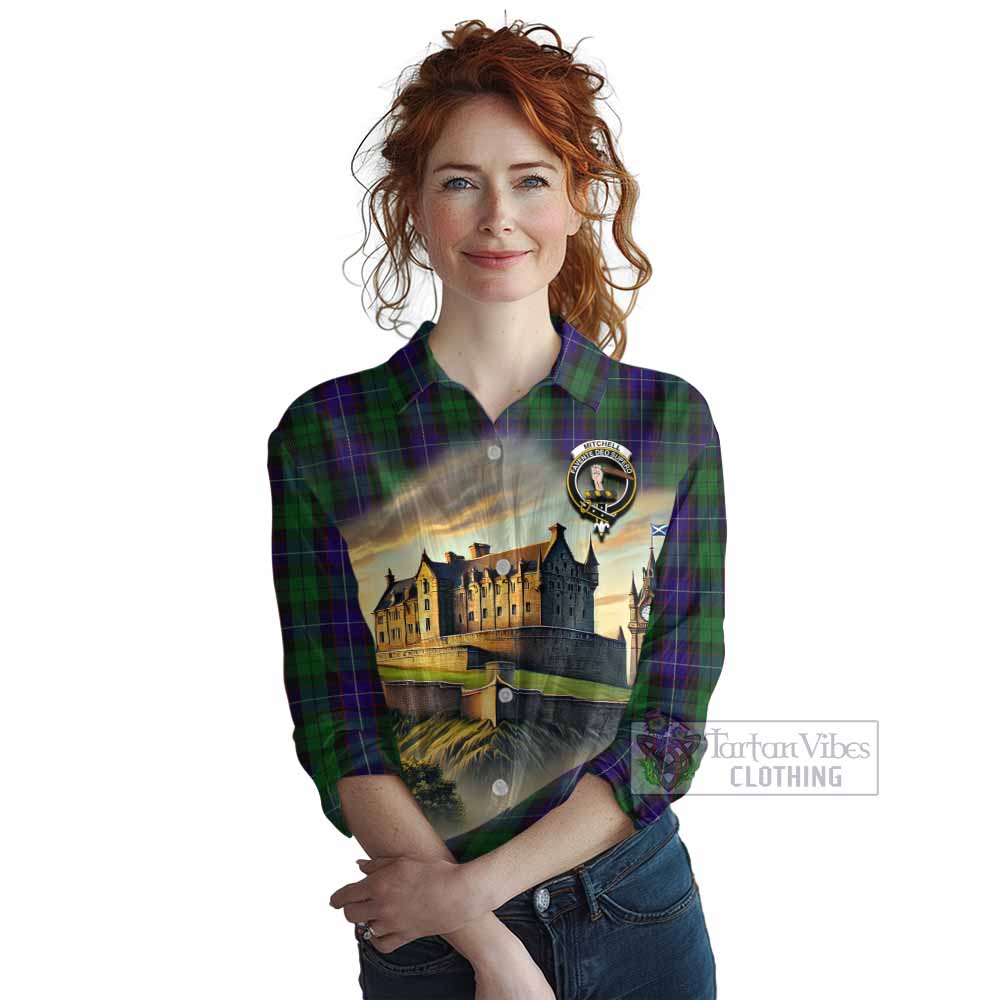 Mitchell Tartan Family Crest Women's Casual Shirt with Scottish Ancient Castle Style - Tartan Vibes Clothing