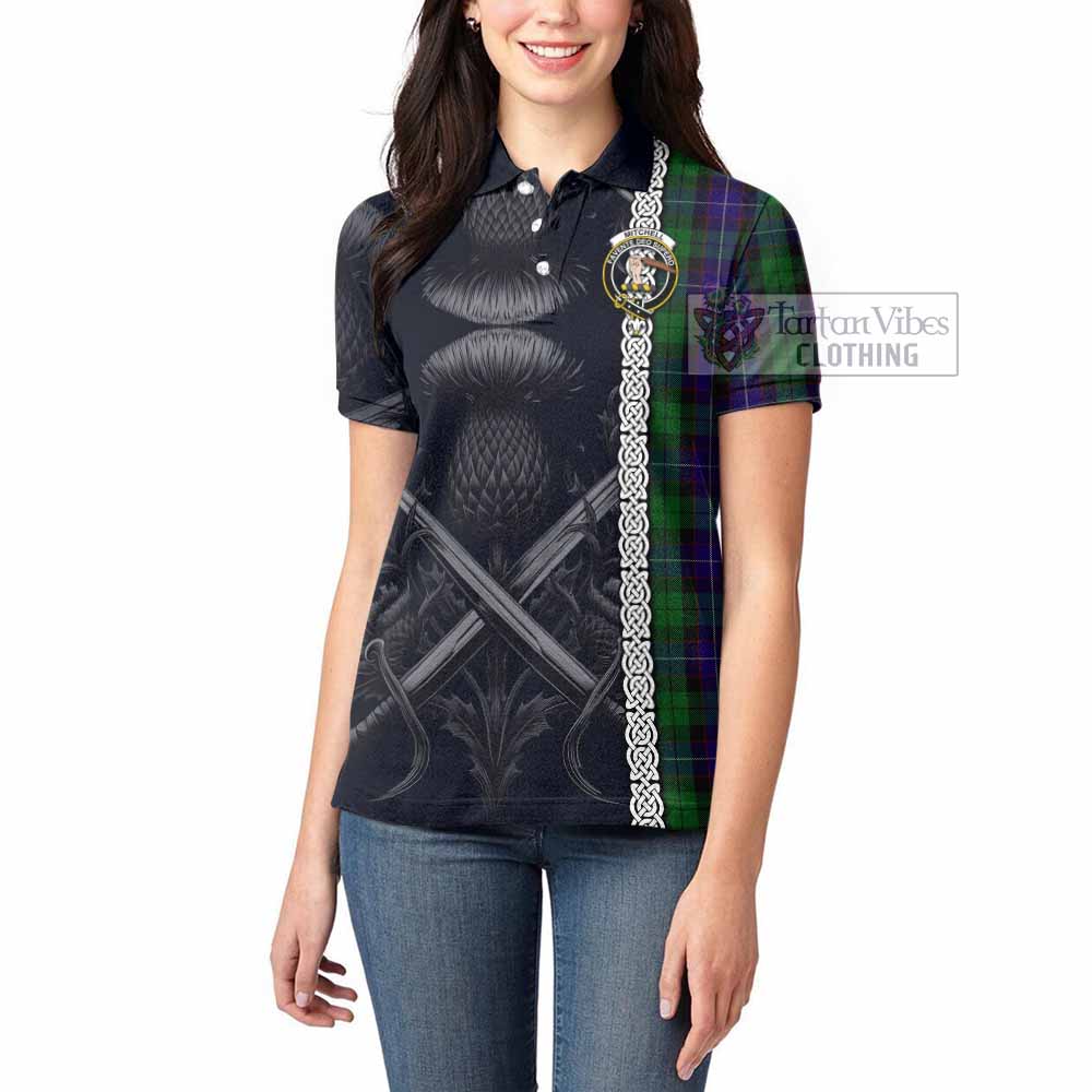 Mitchell Tartan Women's Polo Shirt with Family Crest Cross Sword Thistle Celtic Vibes - Tartan Vibes Clothing