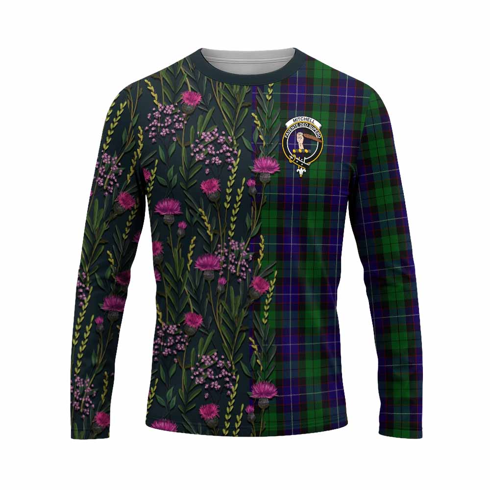 Mitchell Family Crest Tartan Long Sleeve T-Shirt Scottish Thistle Flower Pattern Half Style - Tartan Vibes Clothing