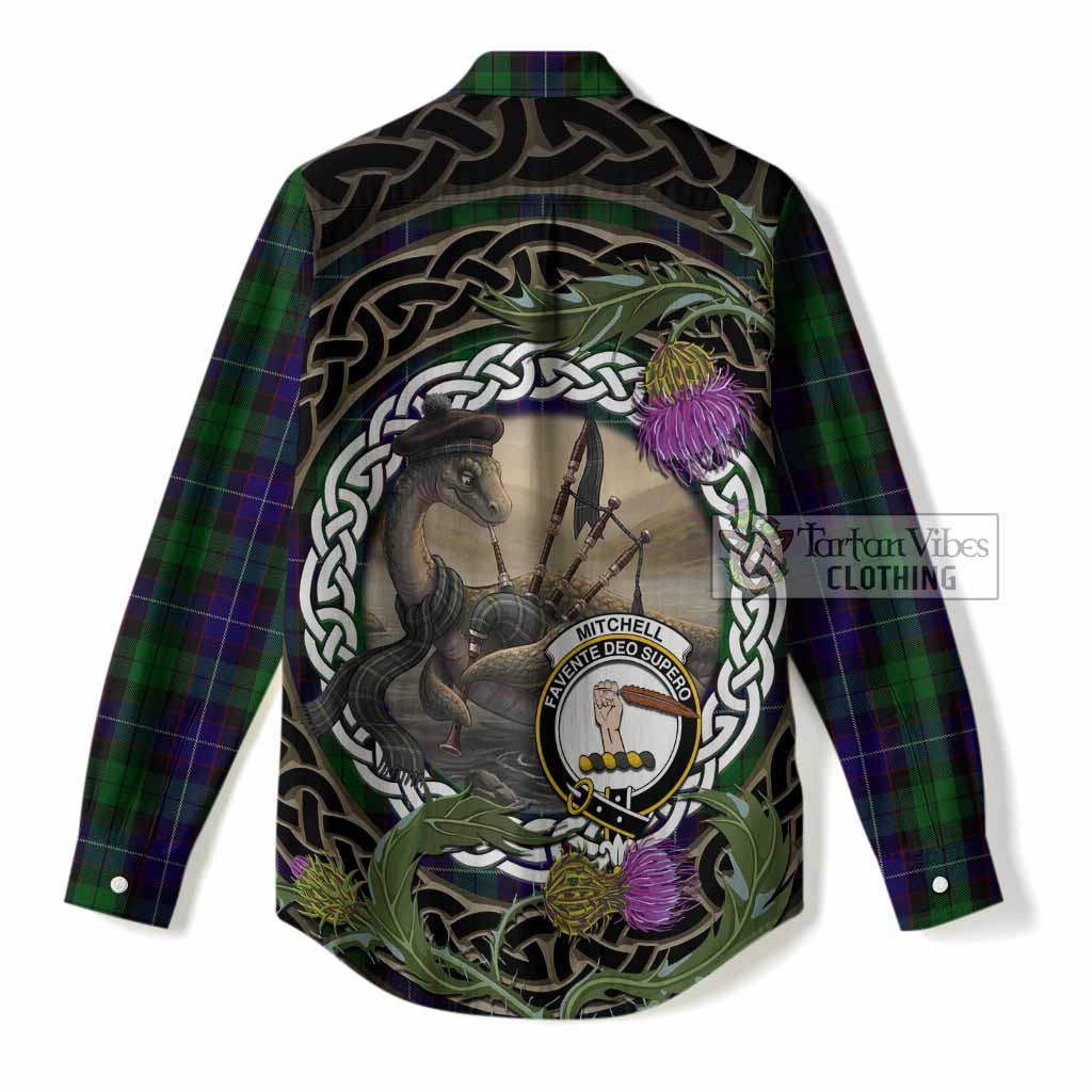 Mitchell Tartan Crest Bagpipe Nessie Women Casual Shirt Scottish Loch Ness Monster Celtic Thistle