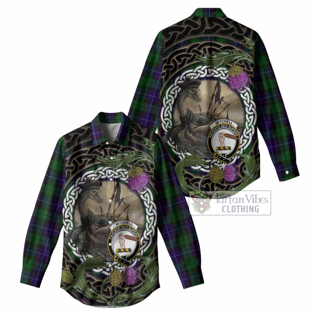 Mitchell Tartan Crest Bagpipe Nessie Women Casual Shirt Scottish Loch Ness Monster Celtic Thistle