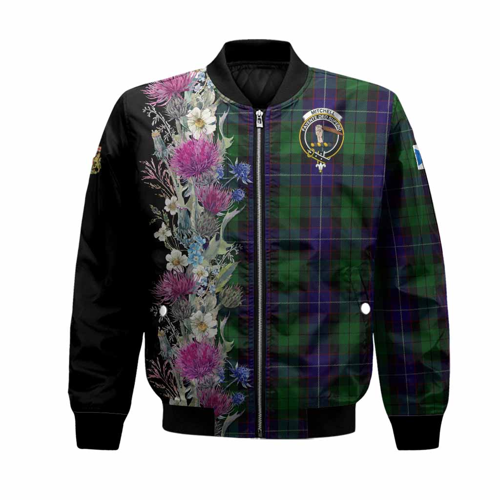 Mitchell Tartan Crest Thistle Floral Bomber Jacket Unisex Black - Tartan Vibes Clothing