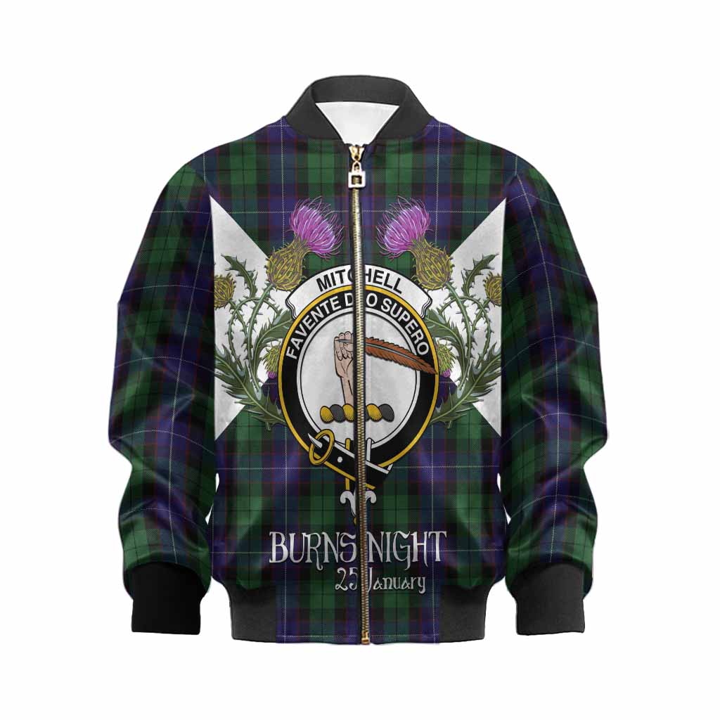 Mitchell Tartan Family Crest Kid Bomber Jacket Scottish Burns Night Thistle Floral