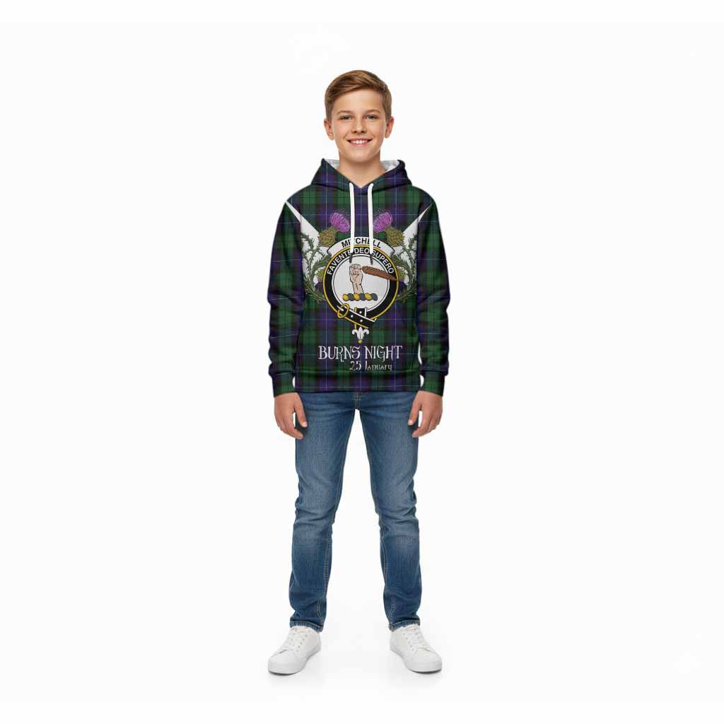 Mitchell Tartan Family Crest Kid Hoodie Scottish Burns Night Thistle Floral