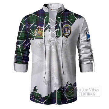 Mitchell Tartan Ghillie Shirt with Family Crest and Lion Rampant Grunge Style