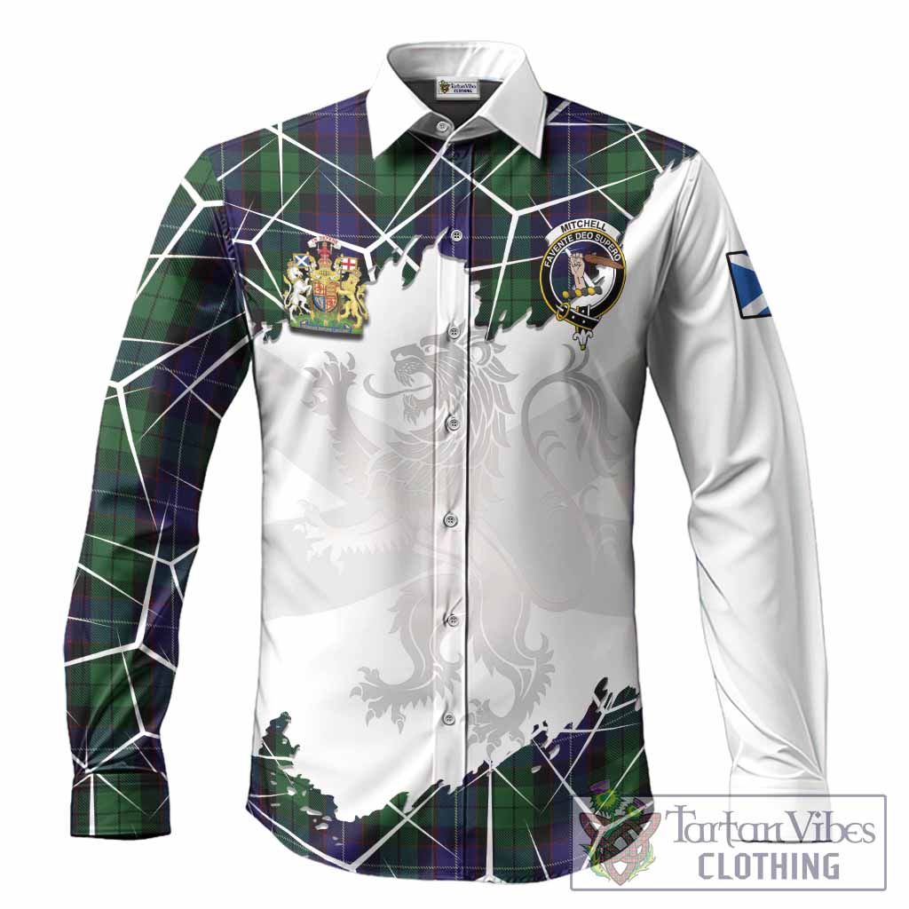 Mitchell Tartan Long Sleeve Button Shirts with Family Crest and Lion Rampant Grunge Style