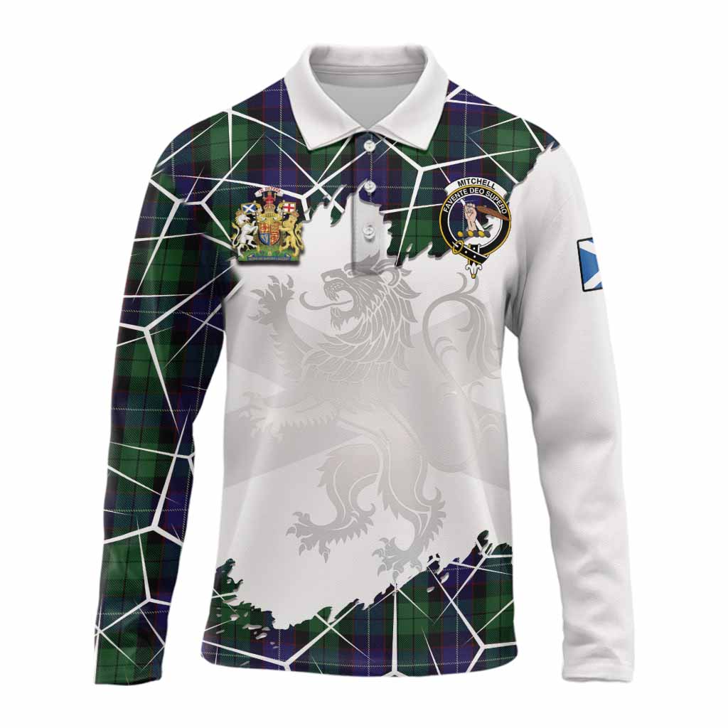 Mitchell Tartan Long Sleeve Polo Shirt with Family Crest and Lion Rampant Grunge Style