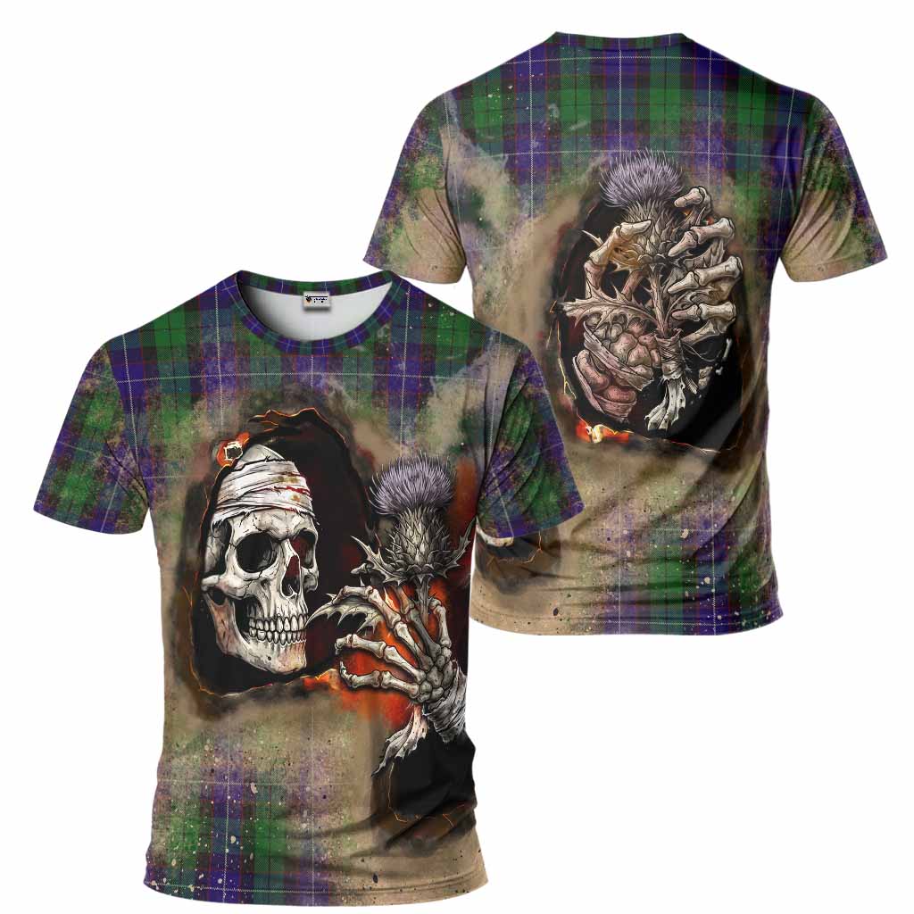 Mitchell Tartan T-Shirt Halloween Skeleton With Thistle Burning Effect - Tartan Vibes Clothing