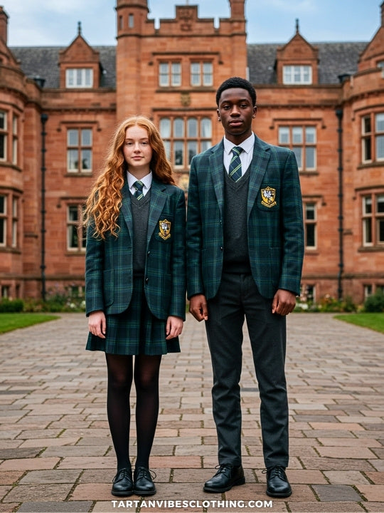 Modern plaid school uniforms with blazers, ties, and pleated skirts.