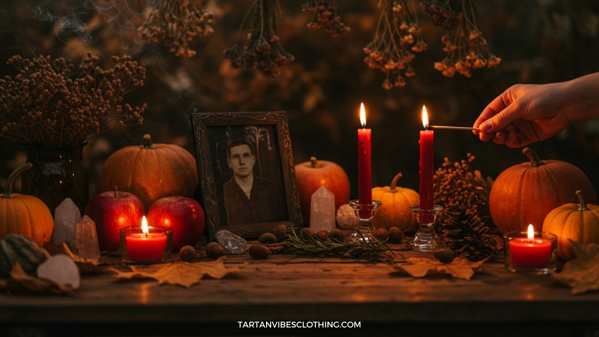 Modern Samhain altar with candles, apples, and photos of ancestors to honor the dead.