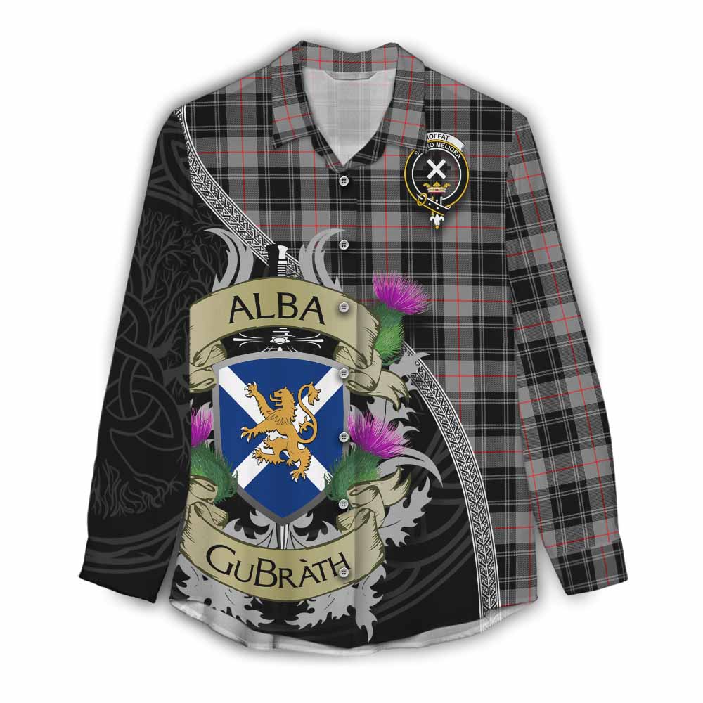 Tartan Vibes Clothing Moffat Tartan Family Crest Women's Casual Shirt Lion Rampant Royal Thistle Shield Celtic Inspired