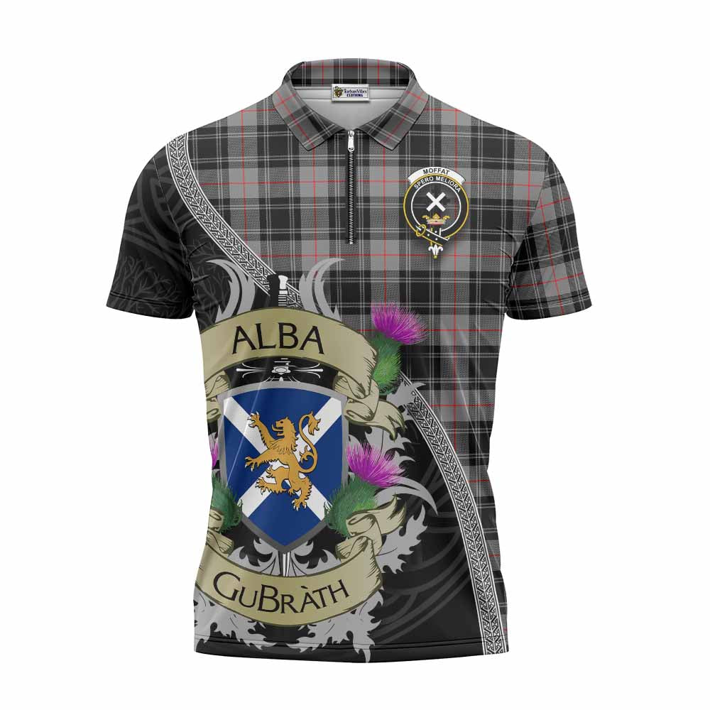 Tartan Vibes Clothing Moffat Tartan Family Crest Zipper Polo Shirt Lion Rampant Royal Thistle Shield Celtic Inspired