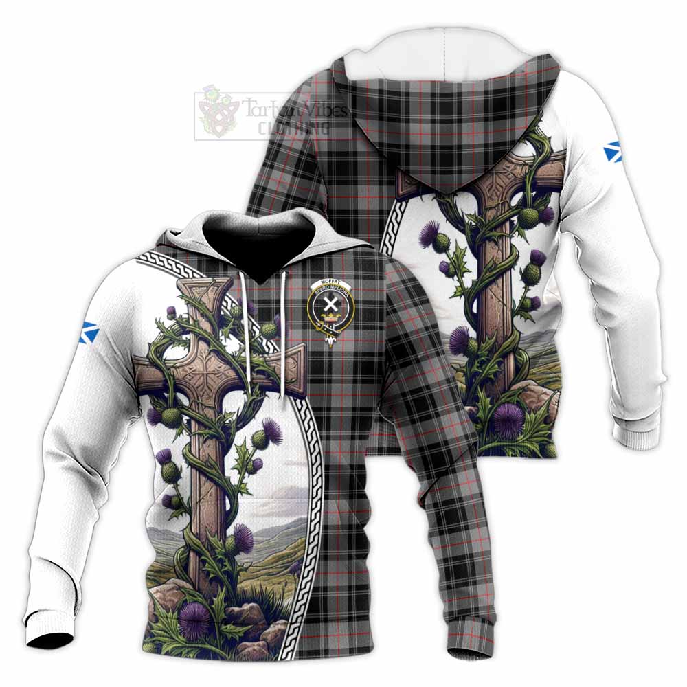Tartan Vibes Clothing Moffat Tartan Knitted Hoodie with Family Crest and St. Andrew's Cross Accented by Thistle Vines